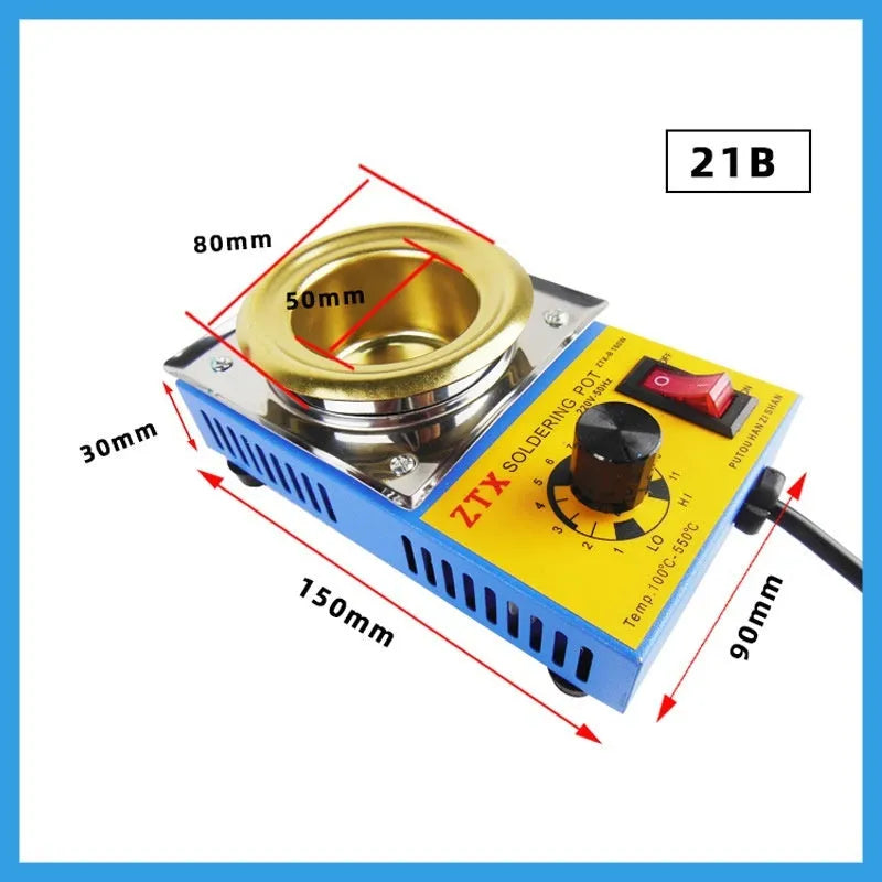 Desktop adjustable tin melting furnace with titanium-plated crucible and temperature dial.