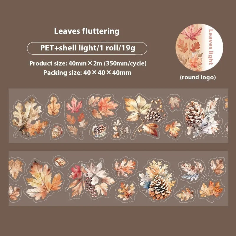 Roll of PET decorative stickers showing six botanical colour designs with 40mm width and 2m length dimensions