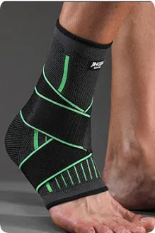 Black sports ankle support brace shown on an ankle, suitable for running and basketball.