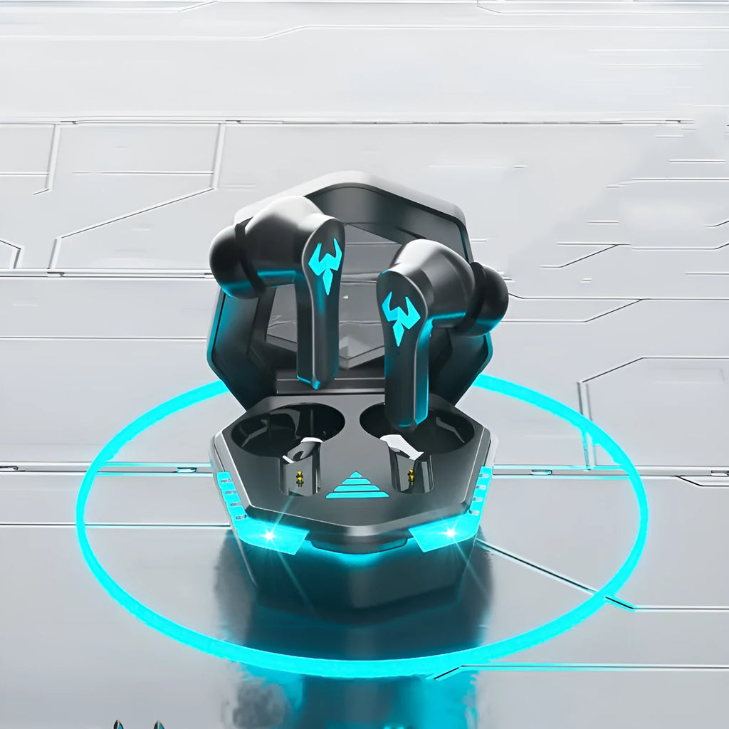 Black wireless noise-cancelling in-ear gaming headset with Bluetooth connectivity