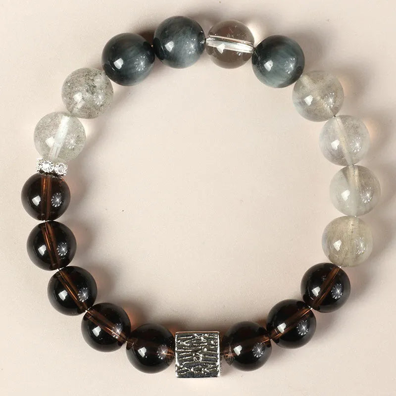 Khaki polished crystal couple bracelet with 10mm geometric beads in Chinese style