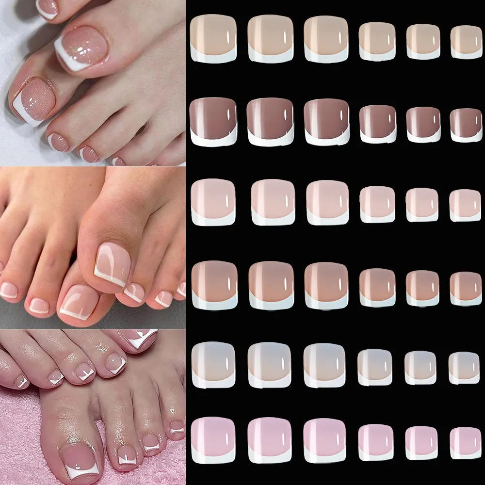 Open box showing 120 French white tip nude square false toe nails in assorted shades.
