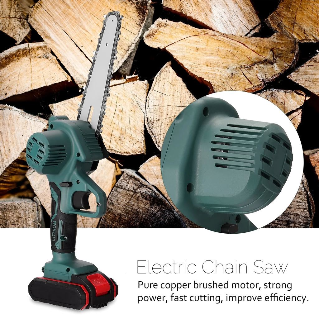Black mini electric chainsaw with green accents, showing compact one-hand design and 4-inch cutting bar