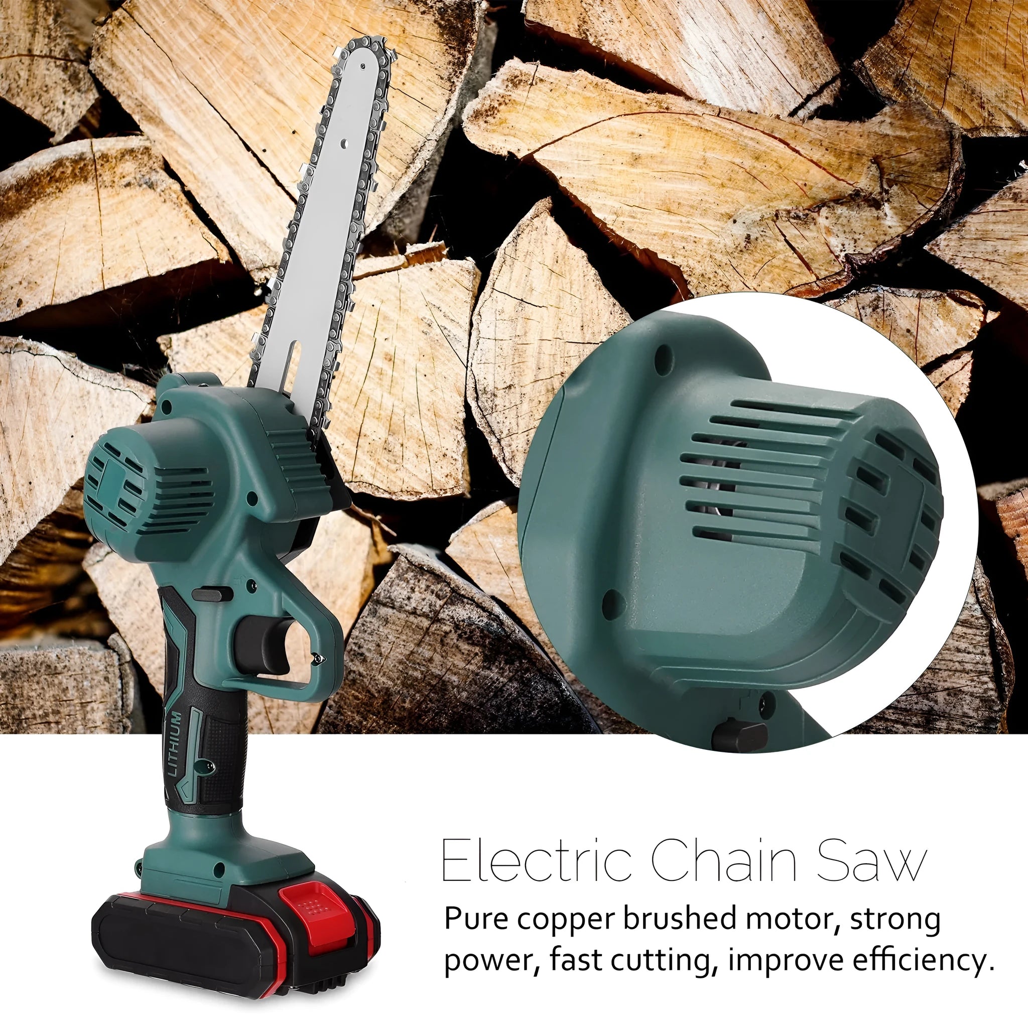 Black mini electric chainsaw with green accents, showing compact one-hand design and 4-inch cutting bar