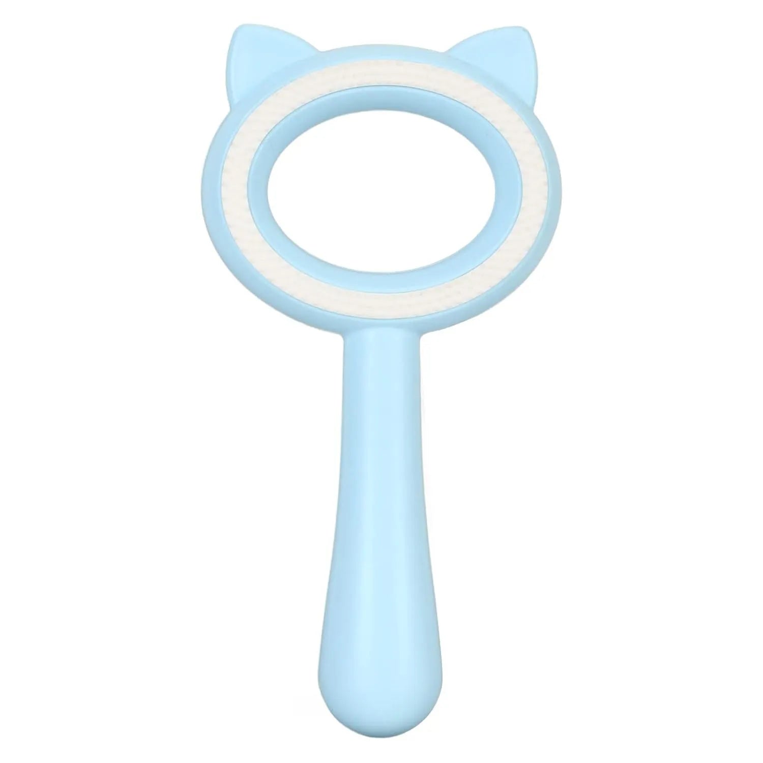 Blue and white double-sided pet grooming brush with deshedding comb and massage bristles
