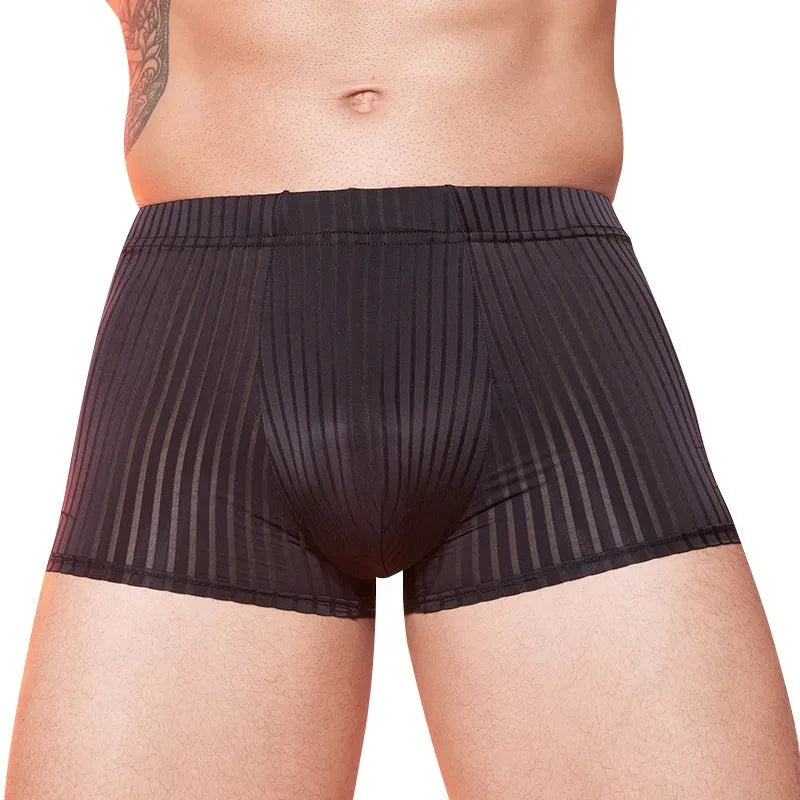 Men's thin striped nylon underwear in black, white, and dark grey colours