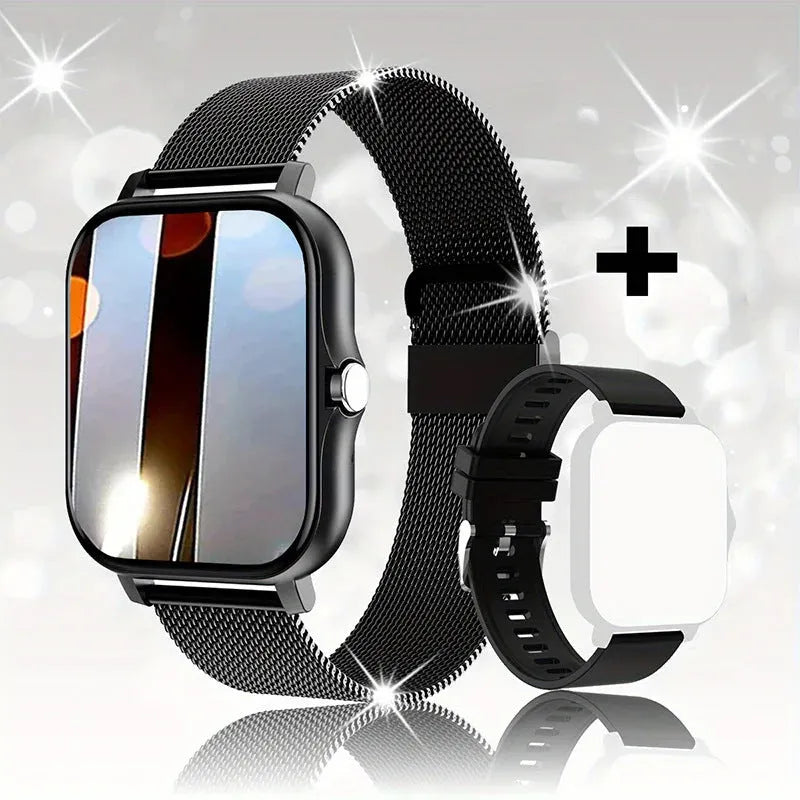 Smart watch with touch screen showing Bluetooth calling and health tracking features on silicone strap