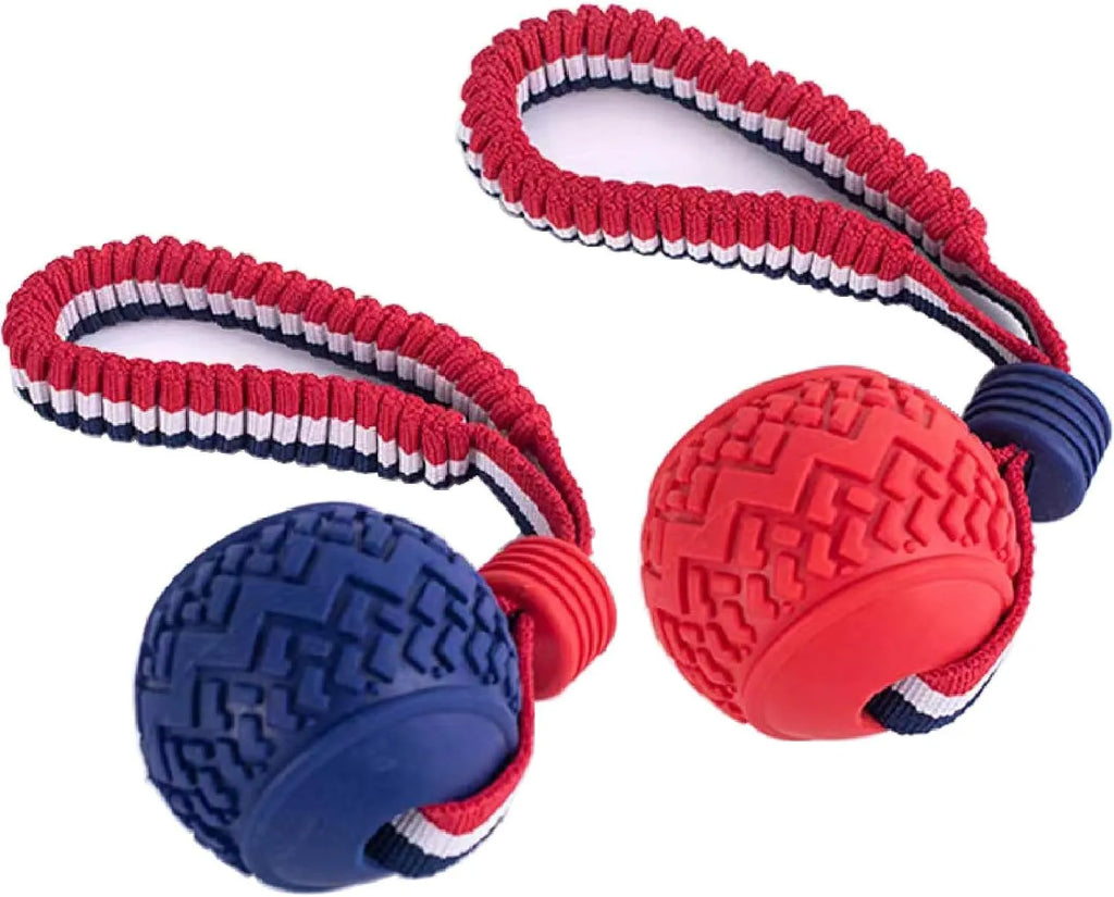 Blue and red dog ball with rope toy showing 6.5cm rubber ball attached to rope