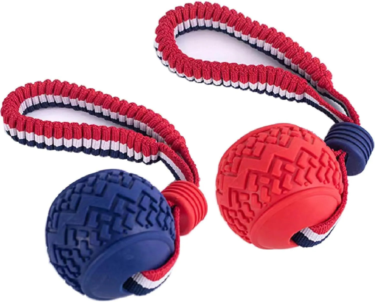 Blue and red dog ball with rope toy showing 6.5cm rubber ball attached to rope