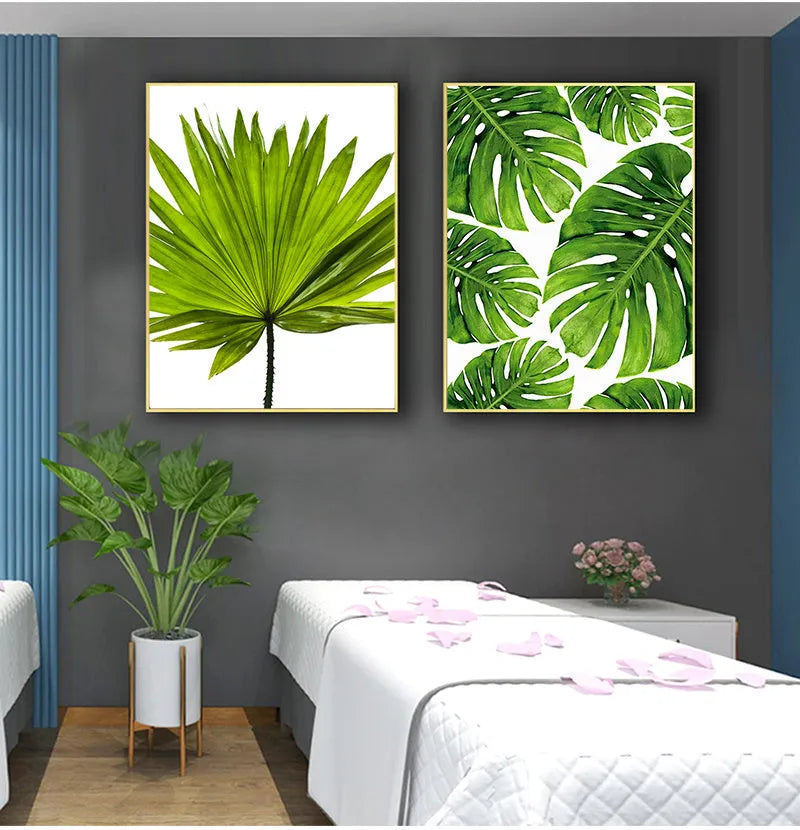 Frameless canvas wall art with green plant pattern in multiple sizes 10x15cm to 60x90cm