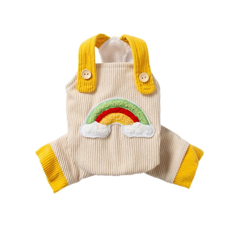 Small dog wearing rainbow corduroy jumpsuit in Beige with flannel lining, autumn winter pet overalls