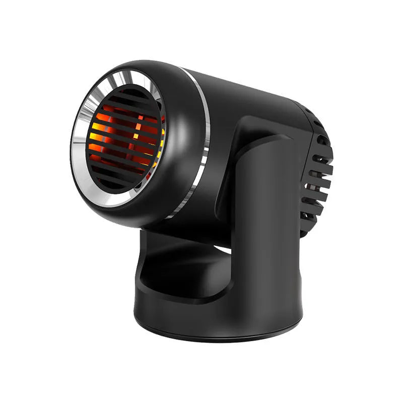 Black and white 12V car heater measuring 14x12x8cm with 1.5m power cord for defrosting and hair drying