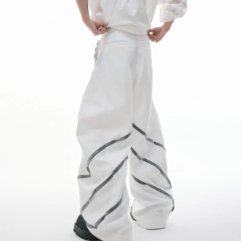 Men's polyester trousers with three-dimensional cutting and metal striped rivet pleated design