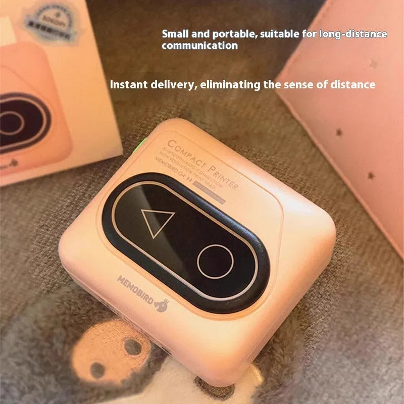 Bluetooth mini thermal printer in avocado green, pink, yellow duck, or white colours showing 87mm compact size