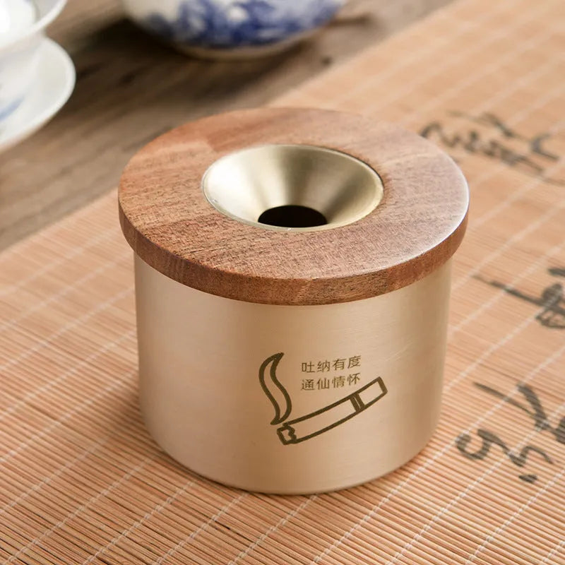 Brass ashtray with wooden lid featuring retro design for living room decor