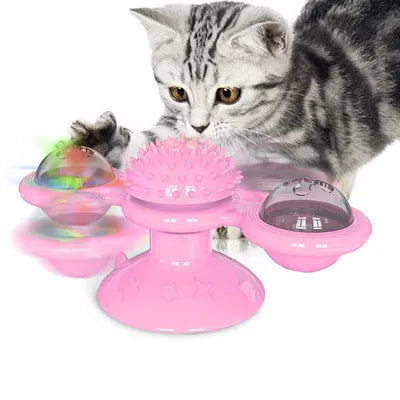 Cat rotating windmill toy with suction base and two transparent bins on blades