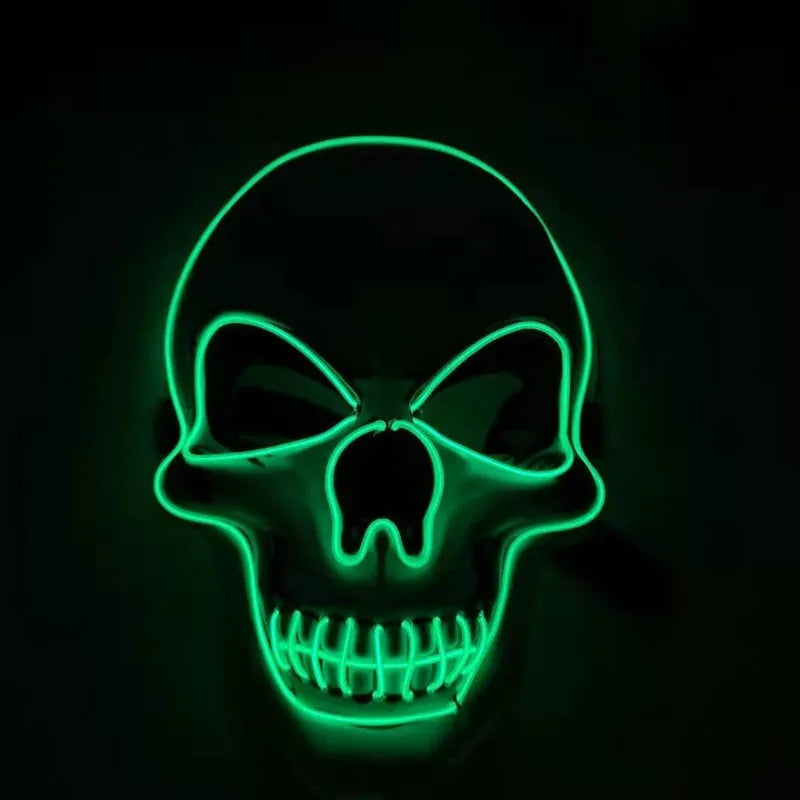 Skull LED glowing Halloween mask with EL wire, available in multiple colours, on a black background