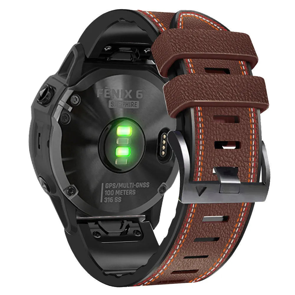 Quick release silicone leather watchband for Garmin Fenix watches in black, brown, light brown, or white.