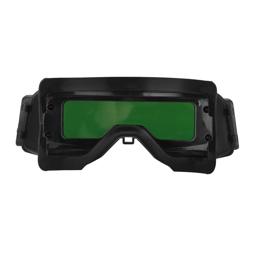 Black automatic welding mask with a large rectangular viewing lens and head strap.