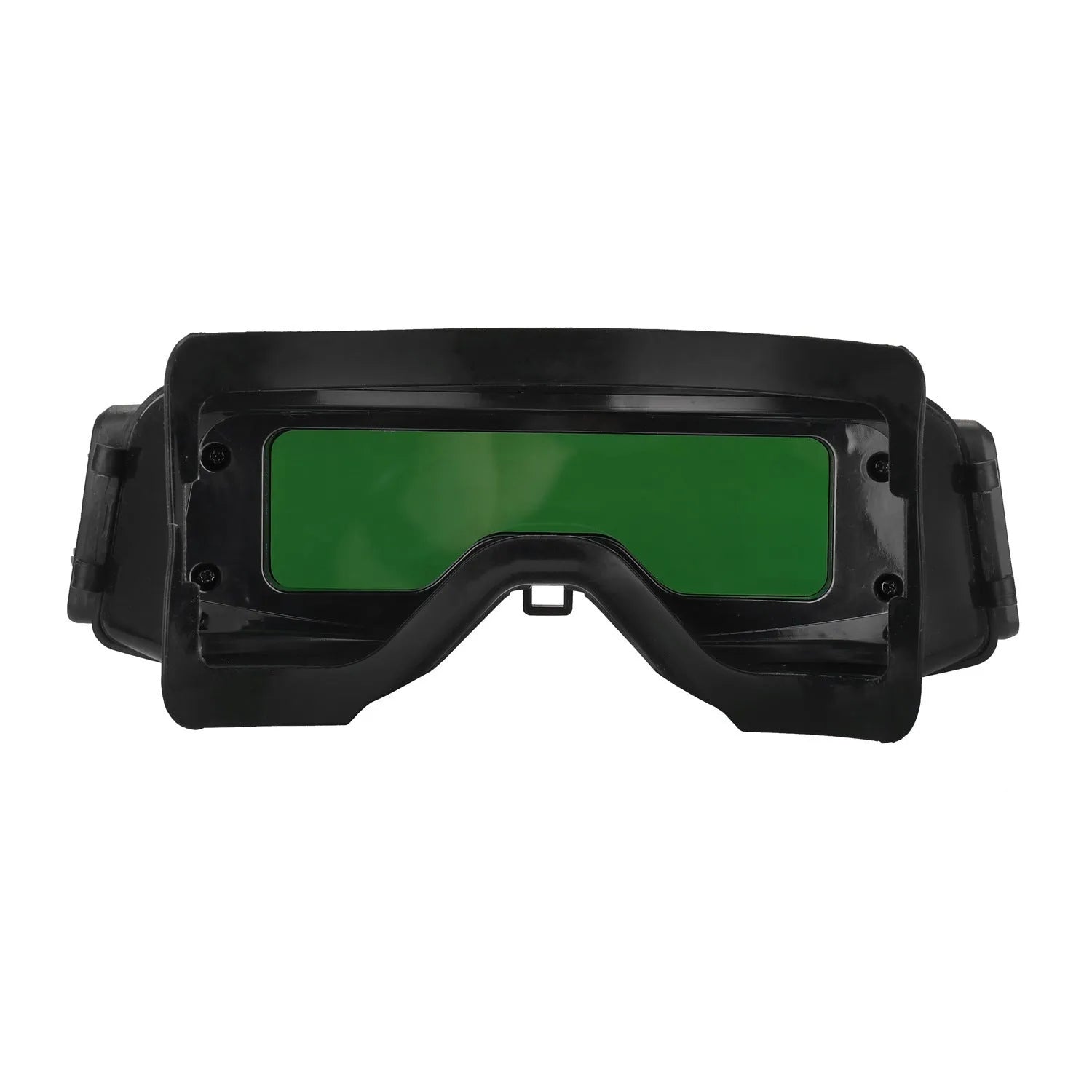 Black automatic welding mask with a large rectangular viewing lens and head strap.