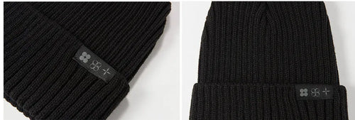 Black wool jacquard knit cap for adults with letter stitching, dome style, unisex