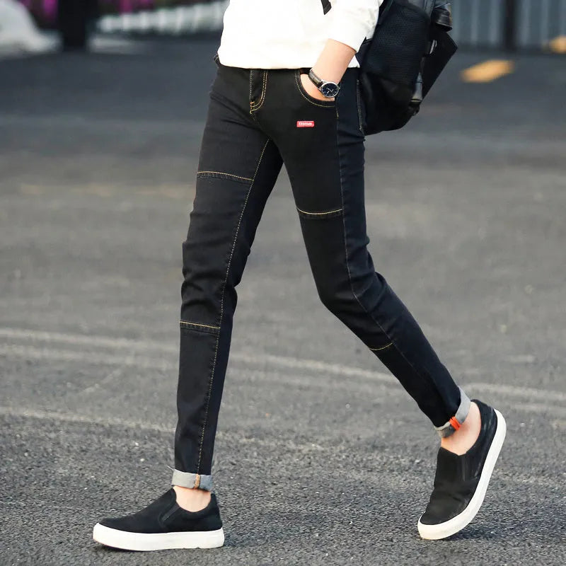 Men's autumn black ripped ankle jeans with micro elastic denim, youth-style tapered fit