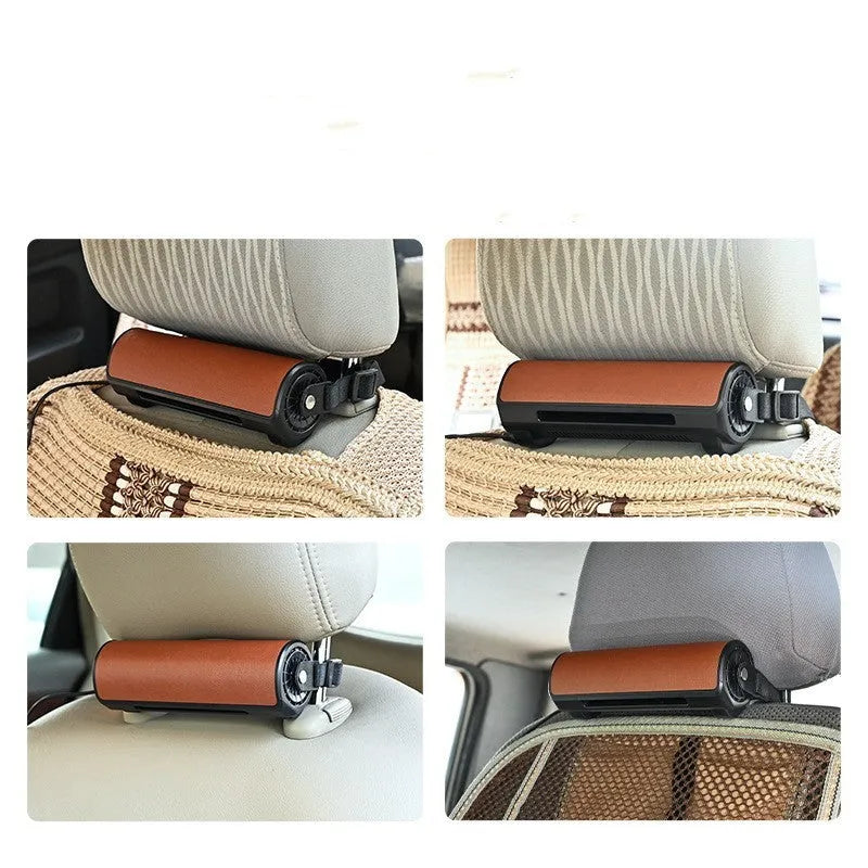 Black bladeless car fan with USB cable on vehicle dashboard showing compact 57mm height design