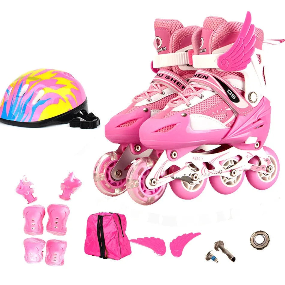 Children's adjustable roller skates in blue with protective pads, helmet, and backpack on a light background.