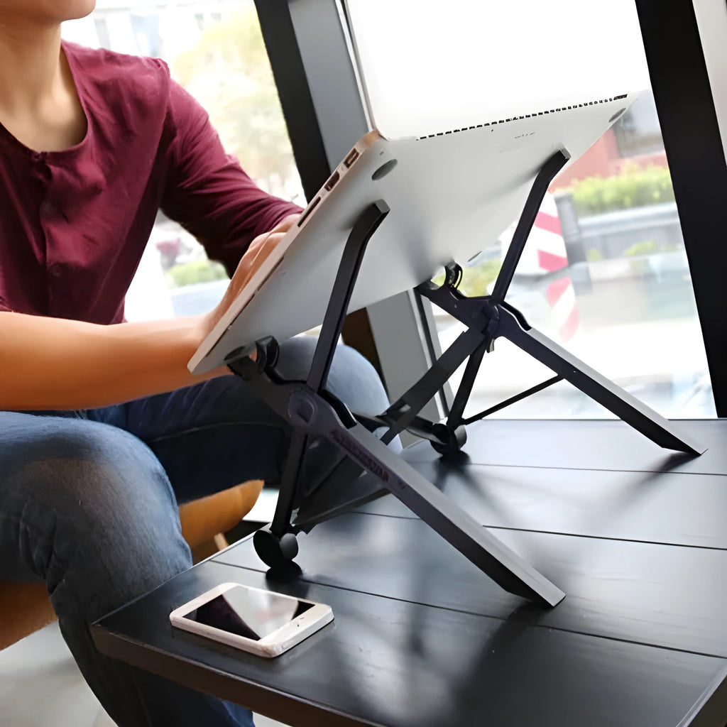 Universal portable folding laptop bracket in sagacious black with carrying case