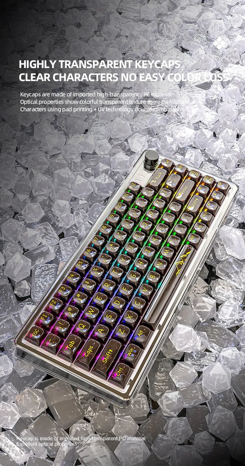 Attack Shark K75RGB wireless mechanical keyboard with transparent PC case showing RGB lighting