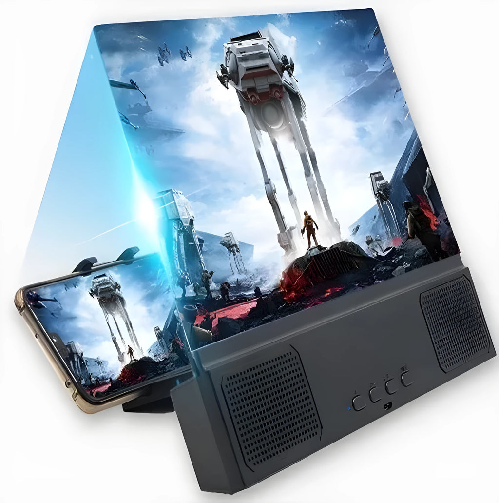 12 inch mobile phone screen amplifier with acrylic lens in ABS housing showing dimensions and Bluetooth connectivity