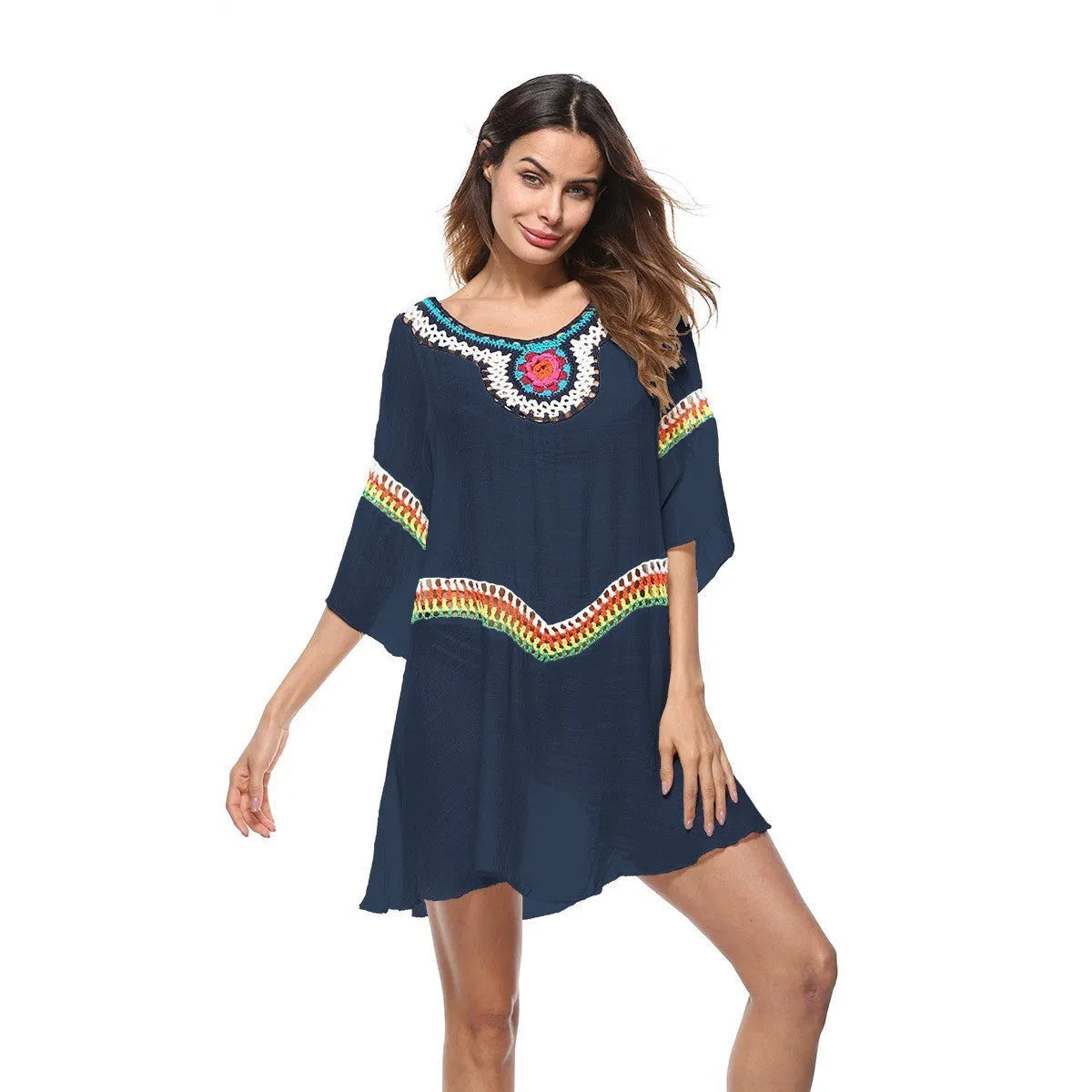 Crocheted ethnic style beach cover-up in polyester fabric for sun protection during swimming