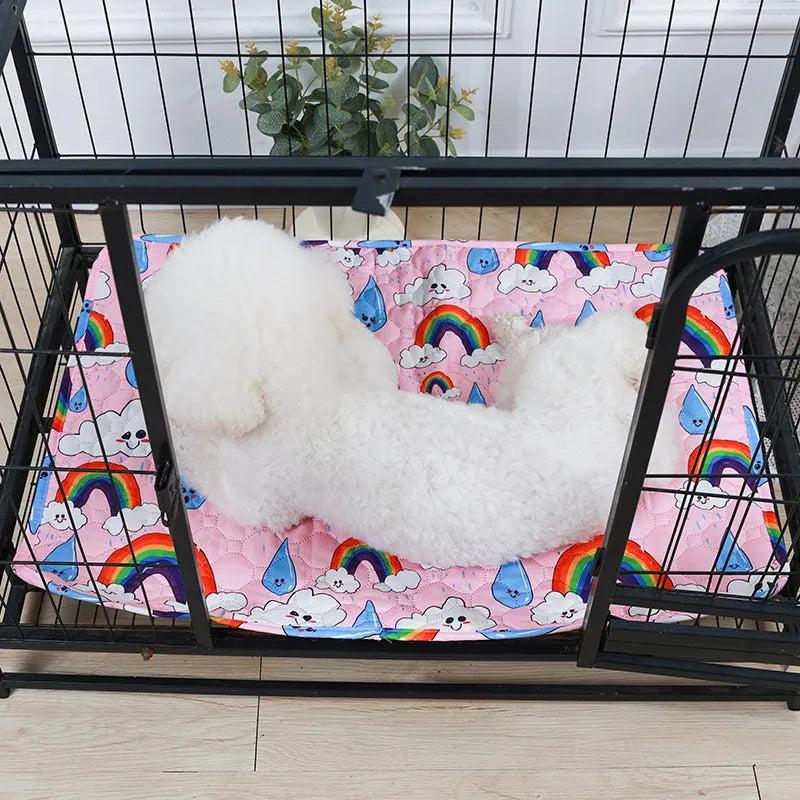 Washable waterproof pet urine pad showing animal pattern design and size options