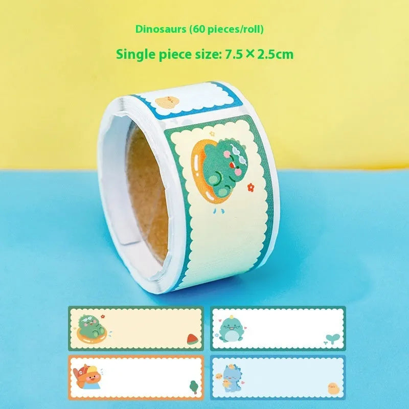Roll of colourful cartoon name tape stickers showing Dinosaur, Astronaut, Rabbit, and Girl design options.
