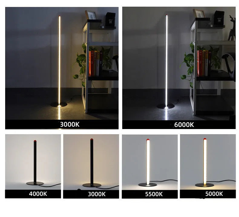 Simple vertical aluminium alloy floor lamp in modern design showing three size options.