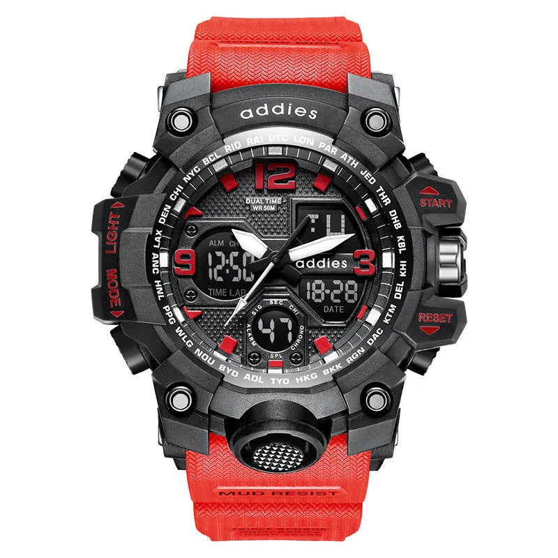 Electronic sports watch with dual analogue and digital display on plastic strap