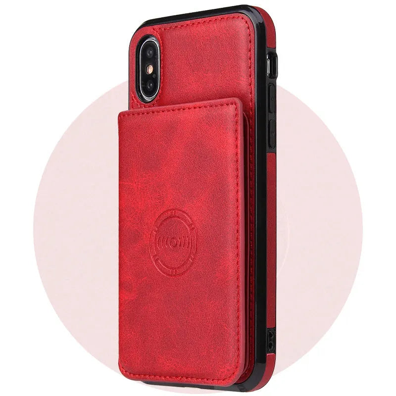 Imitation leather card wallet phone case for iPhone in solid colours showing card slots.