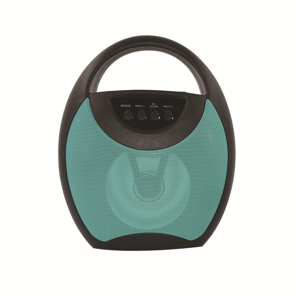 Portable Bluetooth speaker with plastic housing in black, blue, or pink colour options