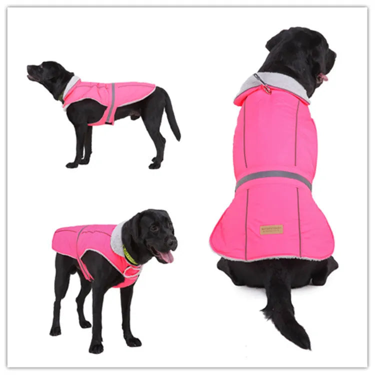 Reflective winter dog coat in pink, with harness holes, lay flat