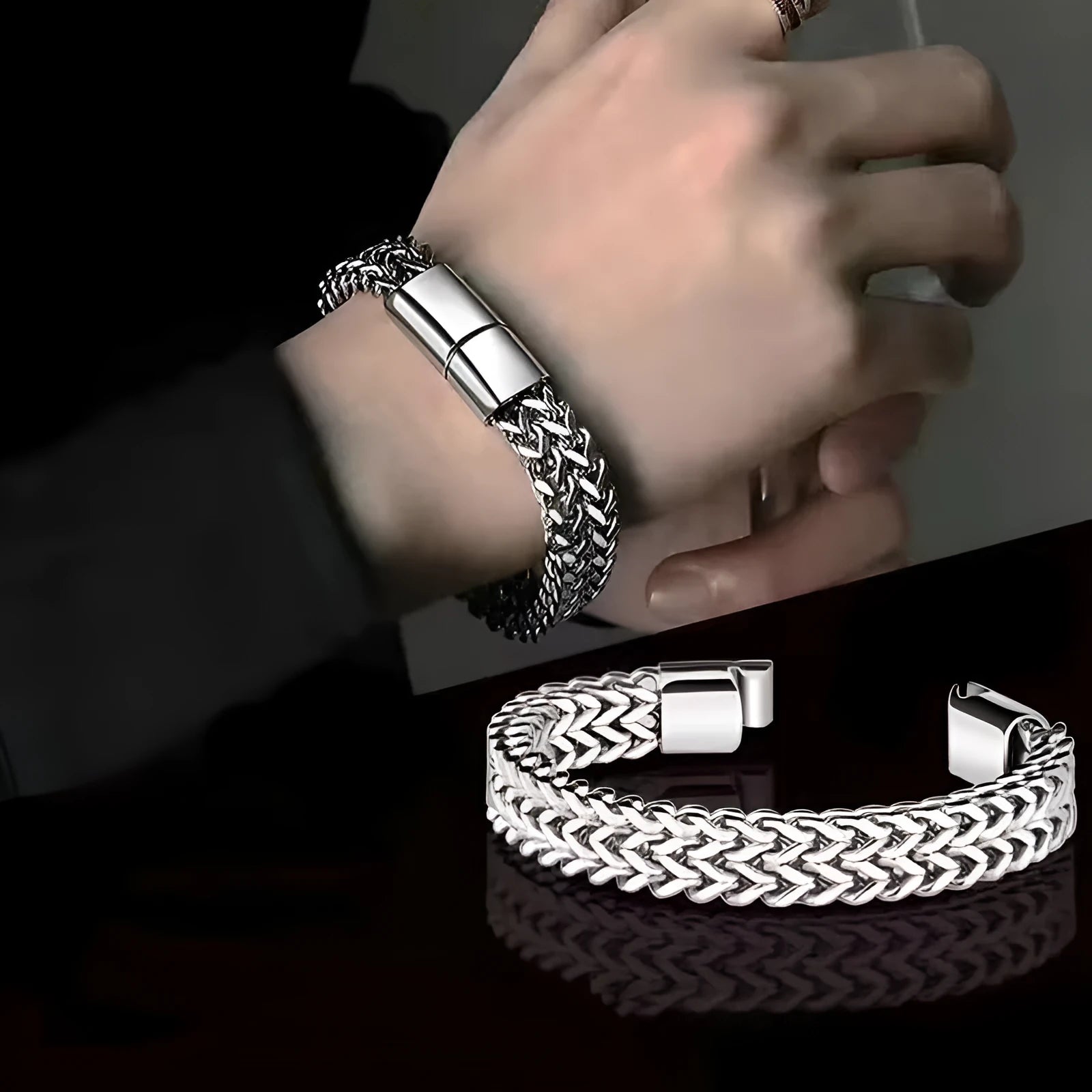 Geometric stainless steel men's bracelet showing front and back design in silver colour