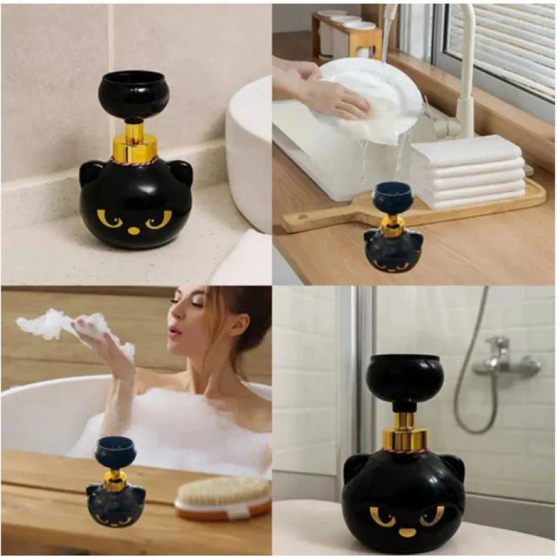 Black plastic cartoon cat-shaped foam soap dispenser measuring 10cm wide by 18cm tall