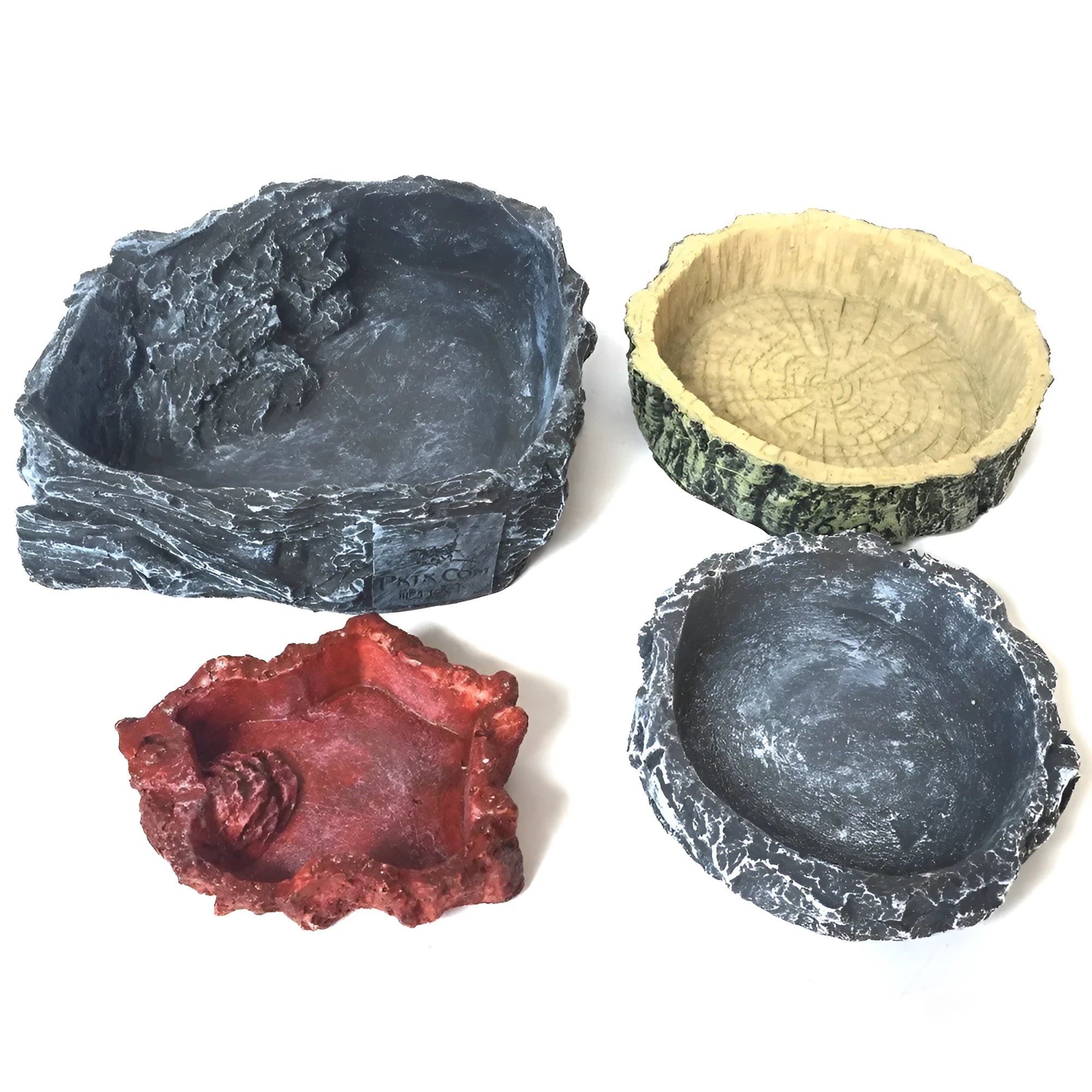 Pet feeding bowl set with four sizes including snack bowl wood pattern bowl grey basin and large food bowl in light red colour