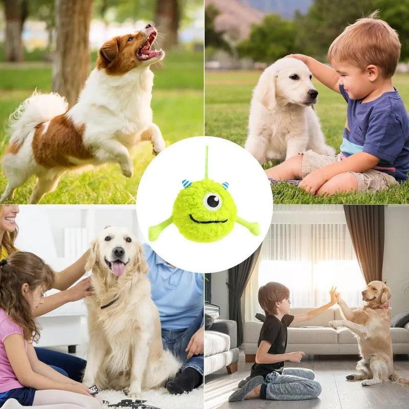 Green plush dog teething toy ball with sound activation feature, 12cm diameter
