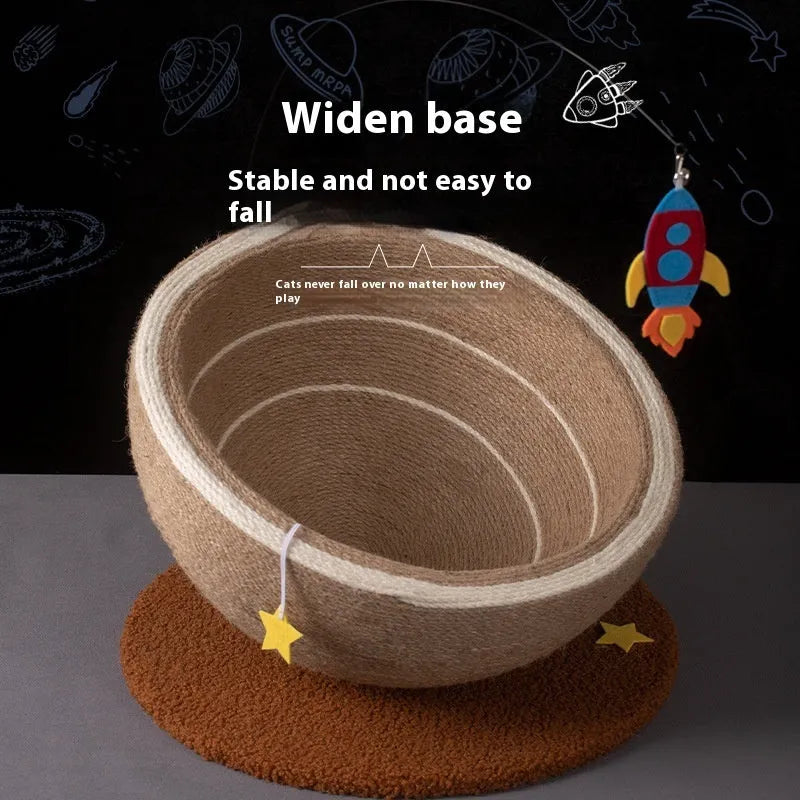 Large integrated cat scratching basin and bed with sisal rope surfaces and flannel fabric in starlight design