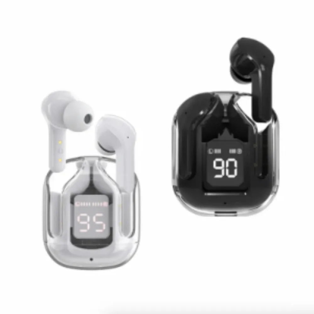 Jerry chip true wireless Bluetooth headphones in a transparent space capsule case, colour options shown