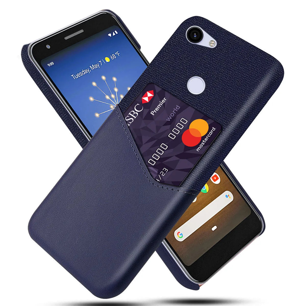 Genuine leather Google Pixel mobile phone case in solid colour on a wooden table.