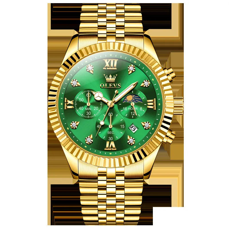 Men's full gold quartz watch with stainless steel strap, round dial, and butterfly buckle on white background