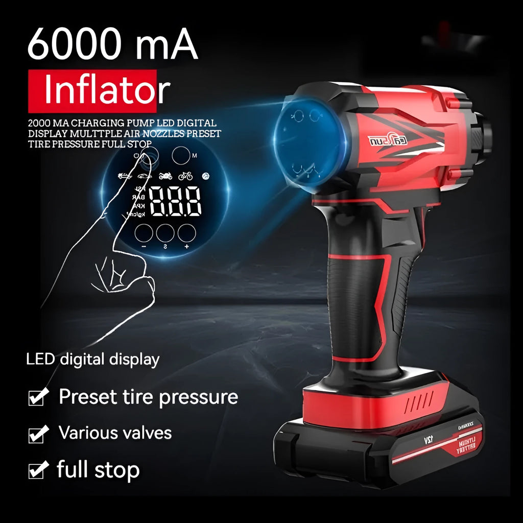 Red and black portable car wireless air pump with digital display, nozzles, and power cables.