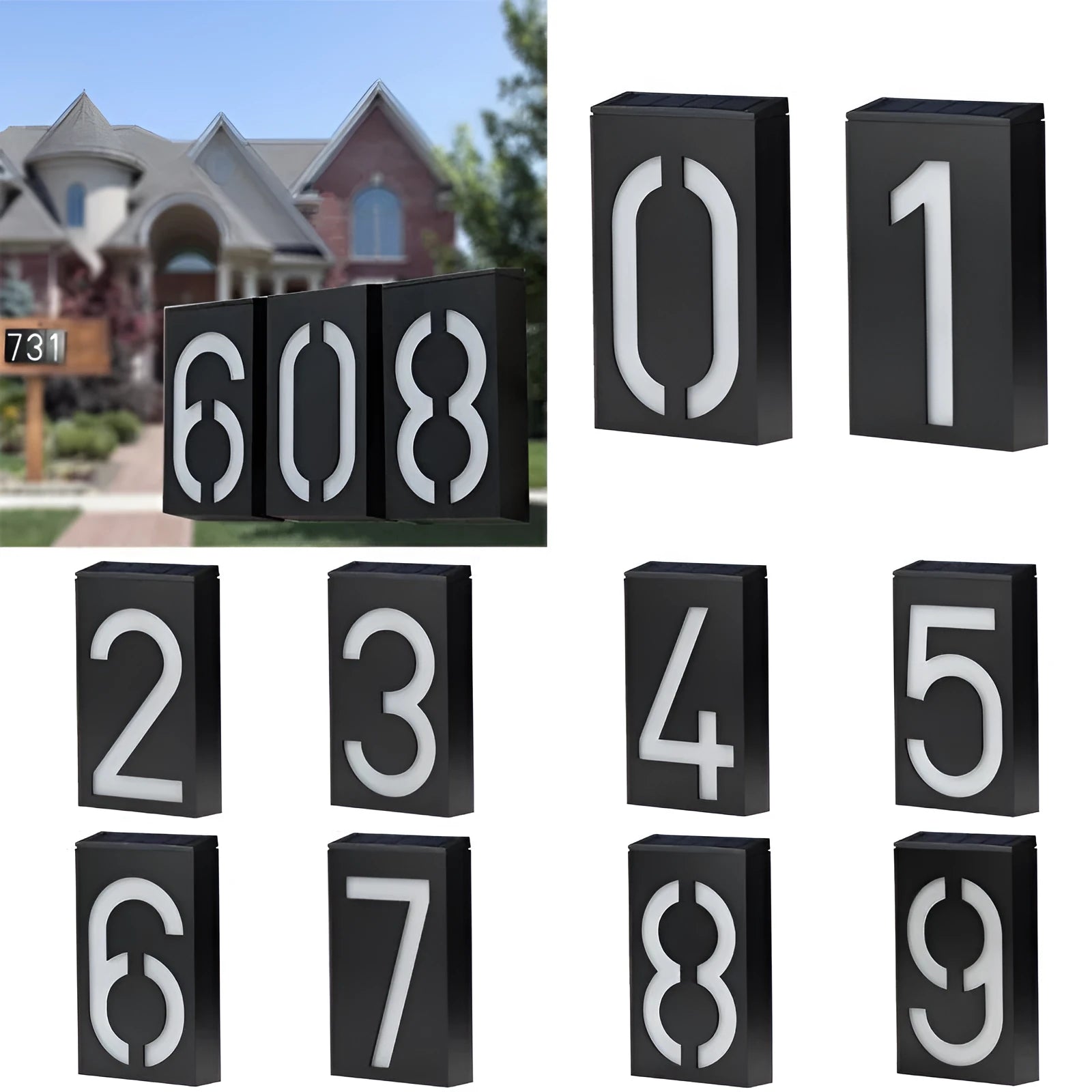 Solar powered house number light with white LEDs illuminating digit, IP65 waterproof outdoor design