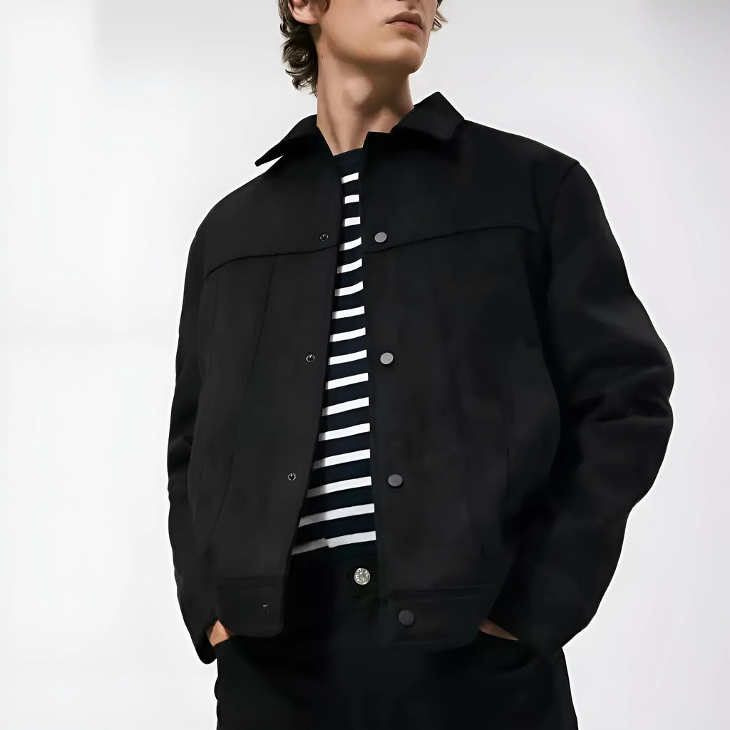 Men's black hooded jacket with suede collar in cotton-blend fabric for spring leisure wear